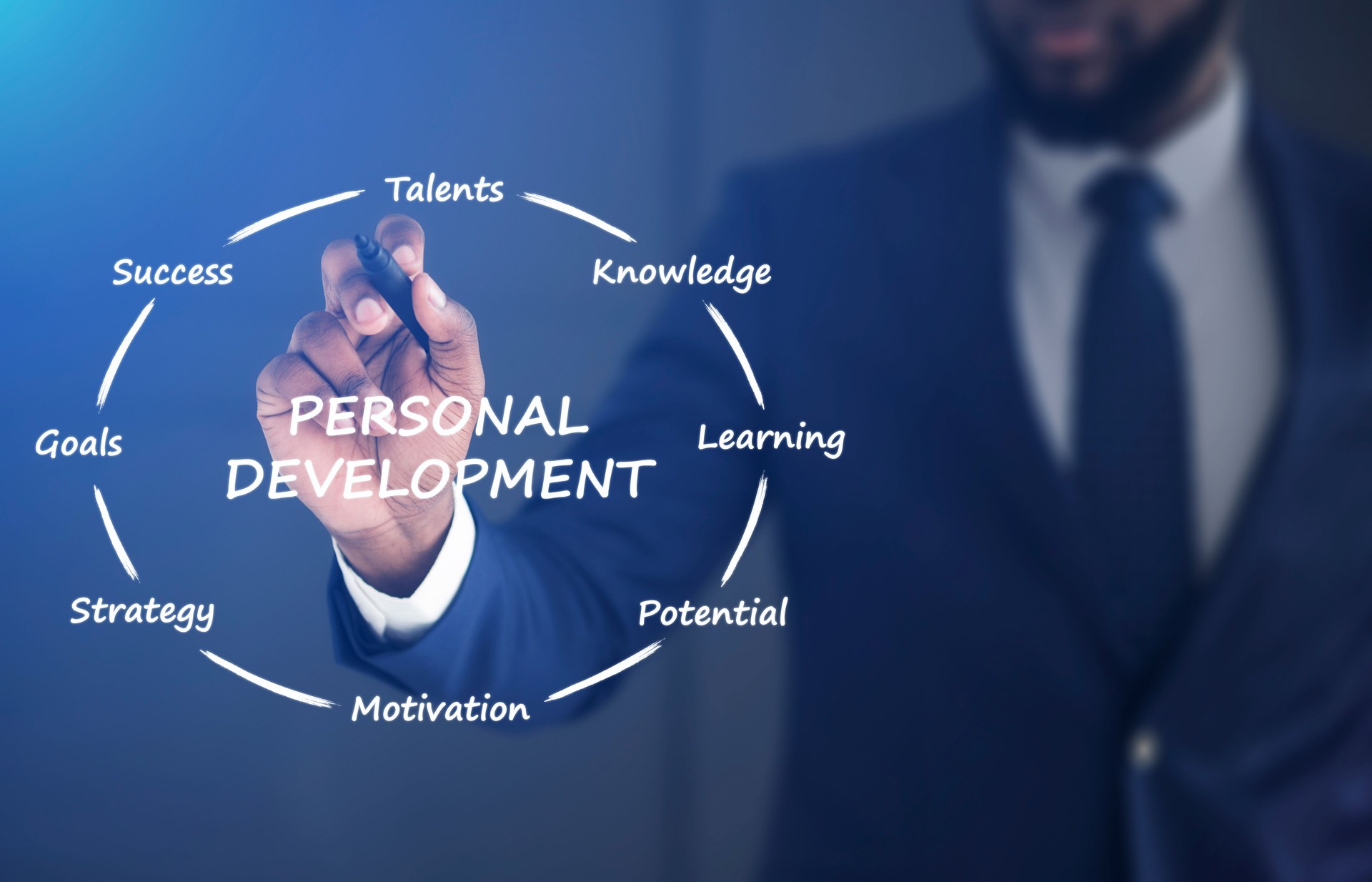 Black Businessman Drawing Personal Development Scheme, Blue Background, Collage